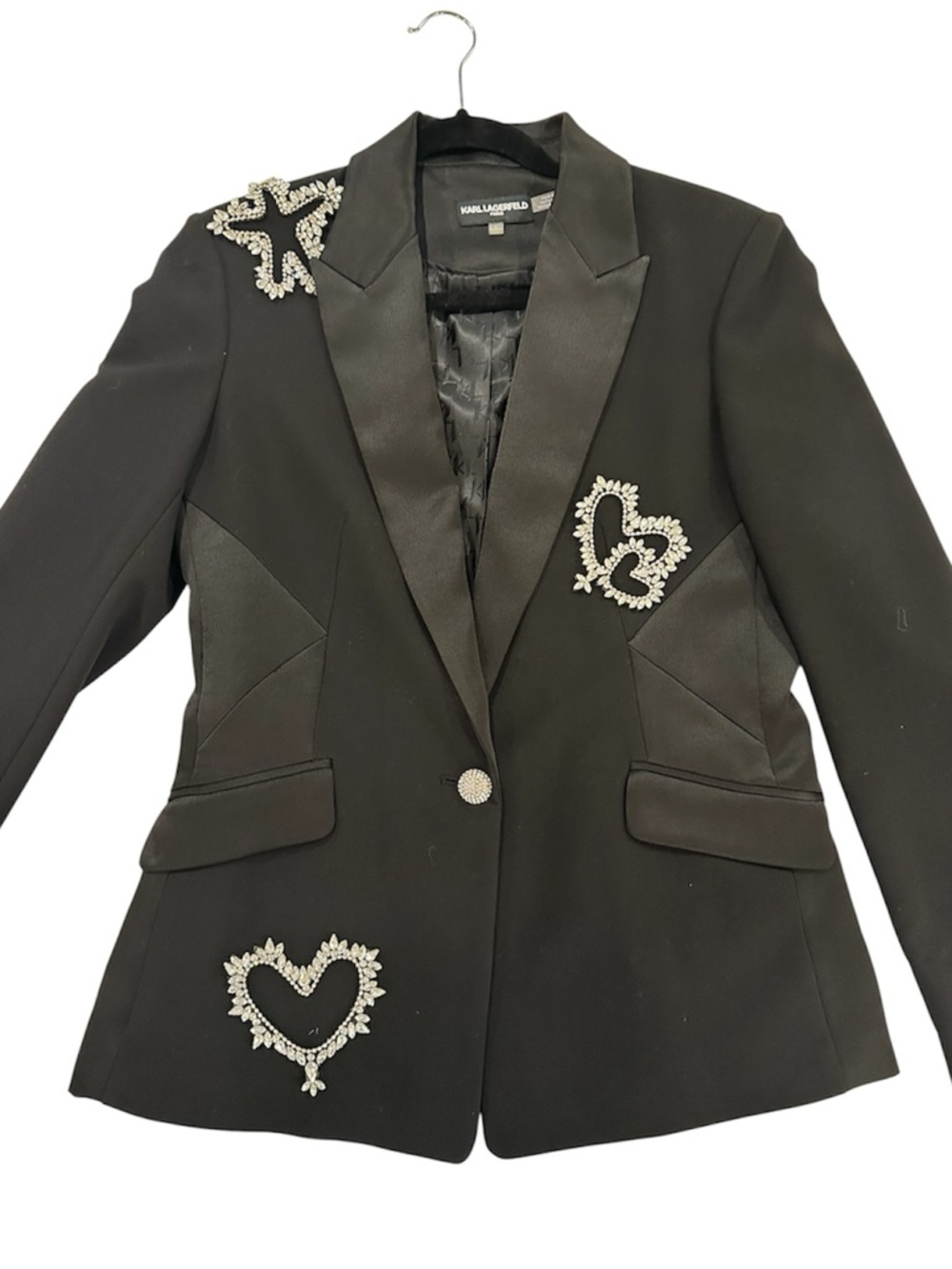 Karl Lagerfeld Black Satin-Trim Blazer with Crystal Heart Accents size 6